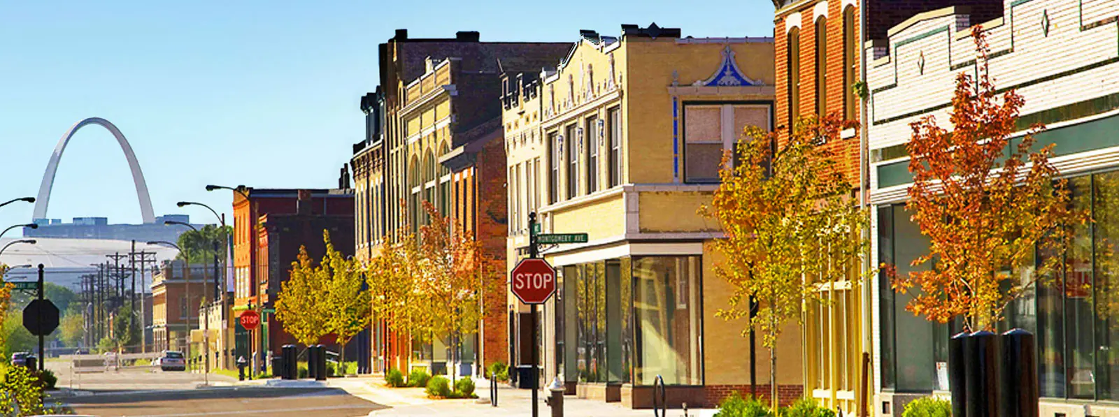 Revitalized storefronts along a street in Crown Square in North St. Louis